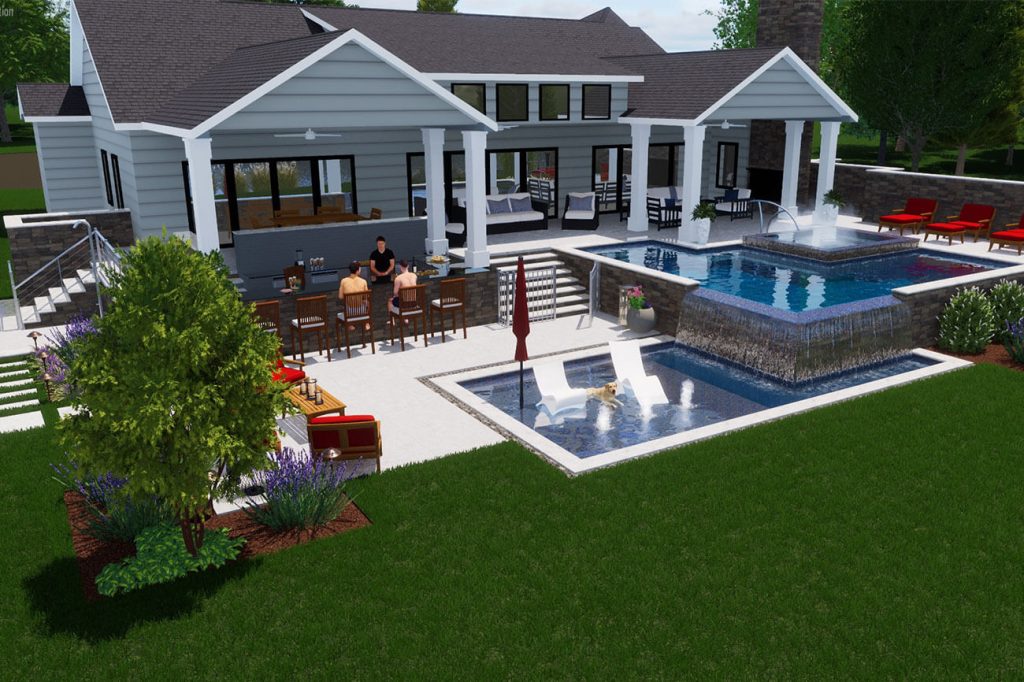Layered luxury pool with raised spa, sun shelf and outdoor bar area