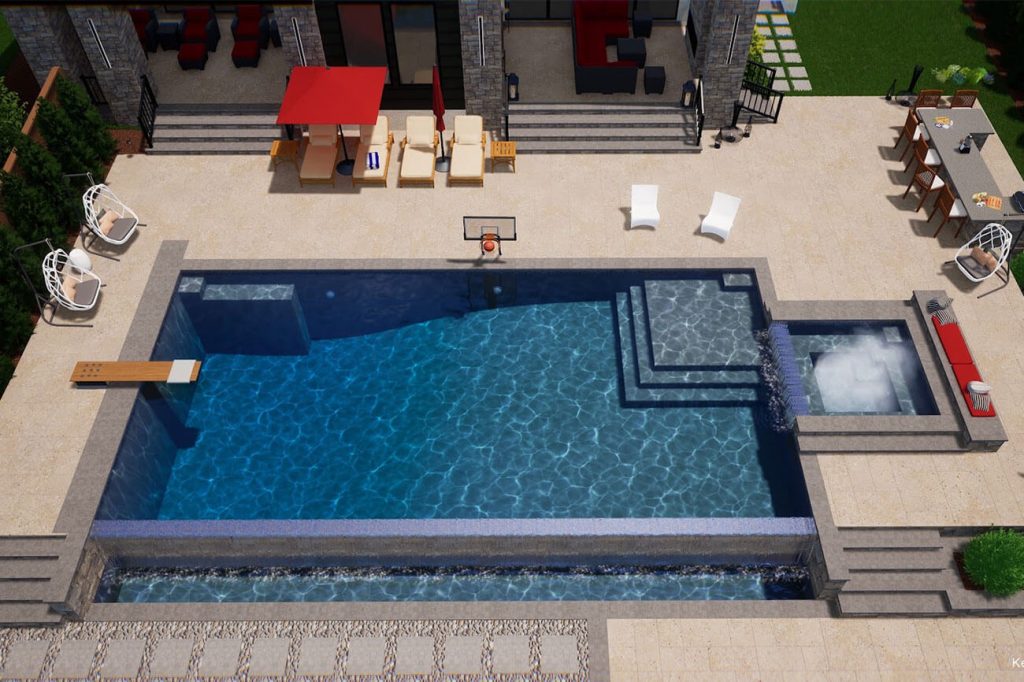 Refined retreat pool with raised spa, tanning ledge and spillover wall